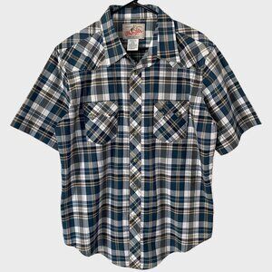 Wrangler Western Pearl-Snap Shirt Blue Plaid Men's Large Short-Sleeve Button-Up